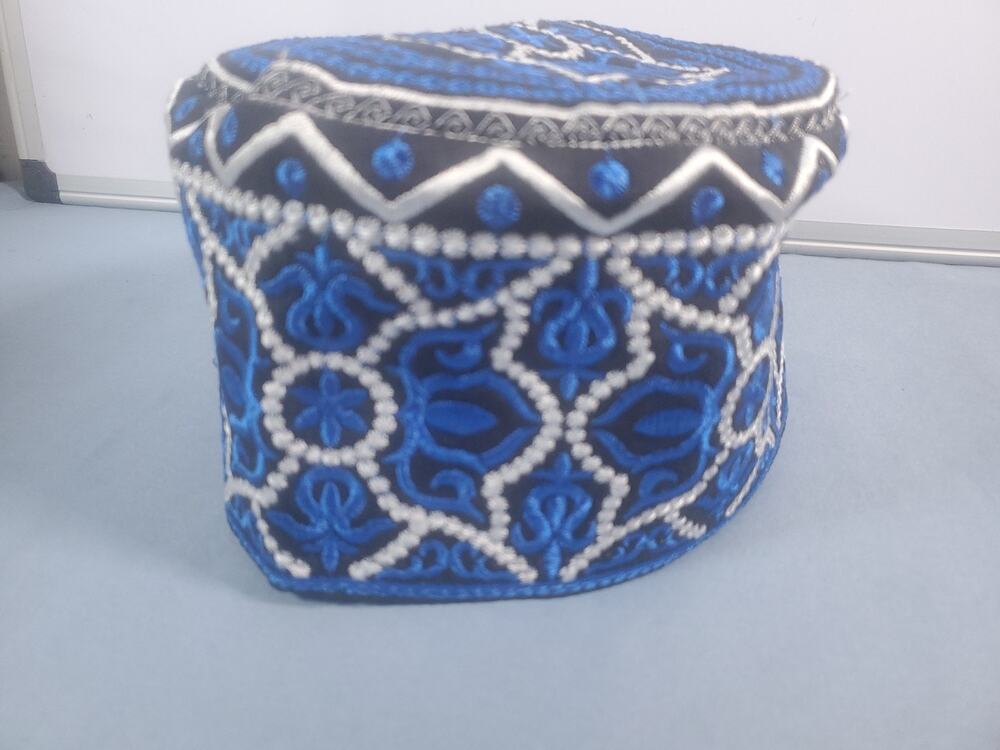 Al Karim Muslim Kufi Hat Blue Embroidered Prayer Cap Islamic Topi Size 56 Omani